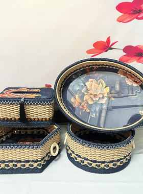 【蓝色牡丹收纳筐】麻绳手工编织成品中式创意茶盘收纳diy纸巾盒