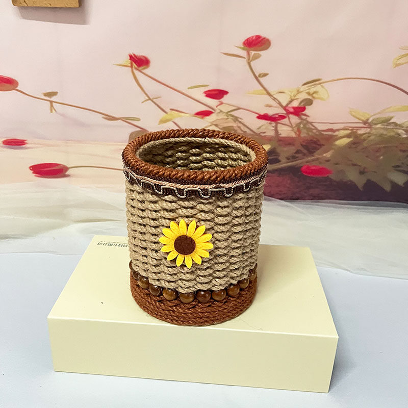 复古麻绳编织向日葵学生笔筒