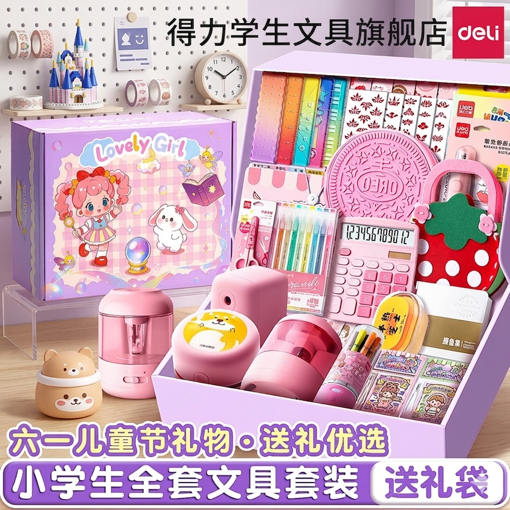 得力六一儿童节文具礼盒套装一年级开学入学必备大礼包小学生电动学习用品女孩女生高颜值初中生伴手礼礼物