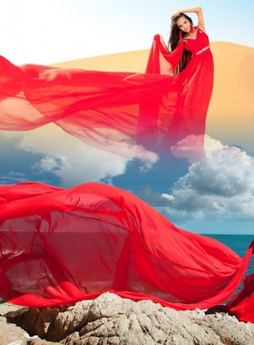 大红色头纱沙漠婚纱摄影拍照纱巾旅拍道具森系超长拖尾5米软素纱