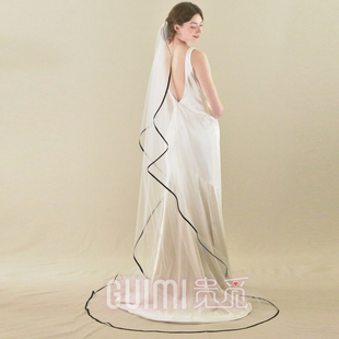 新款 黑色包边白纱新娘拖尾婚纱主纱影楼写真化妆造型单层头饰