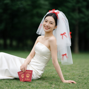 新娘结婚登记主婚纱头纱红色蝴蝶结短款跟拍道具森系蓬蓬喜庆头饰