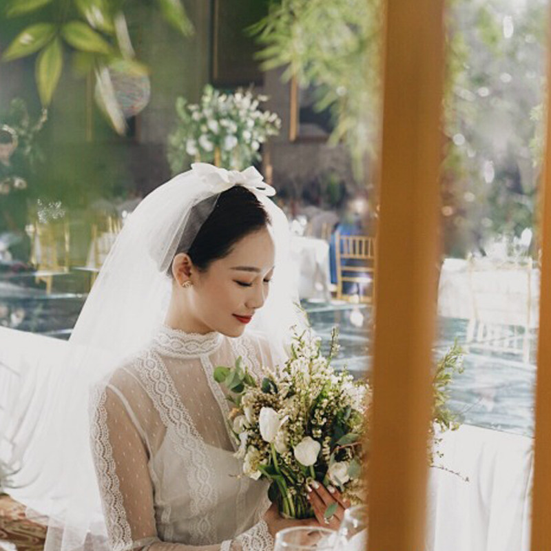 新娘蝴蝶结头纱短款超仙韩式拍照道具新款森系领证婚纱头饰双层