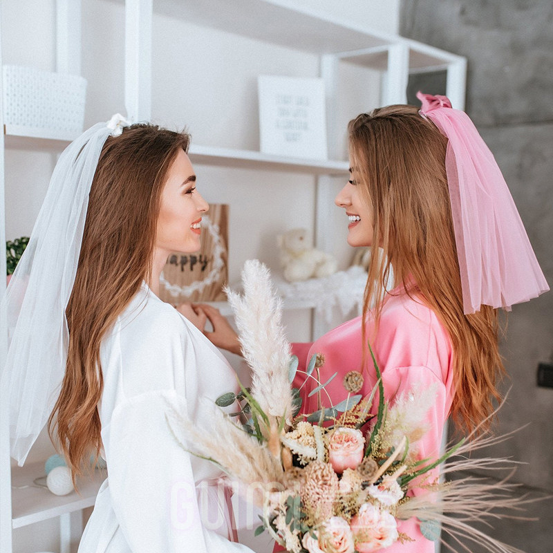 伴娘头纱蝴蝶结短款粉色拍照道具超仙婚纱聚会姐妹新娘婚礼头饰