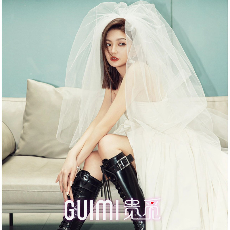 小拖尾双层蓬蓬头纱新娘主婚纱韩式造型头饰婚礼结婚样片拍照道具