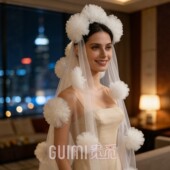 新娘头纱白色长款 拖尾手工花朵超仙高级感婚纱摄影样片化妆头饰