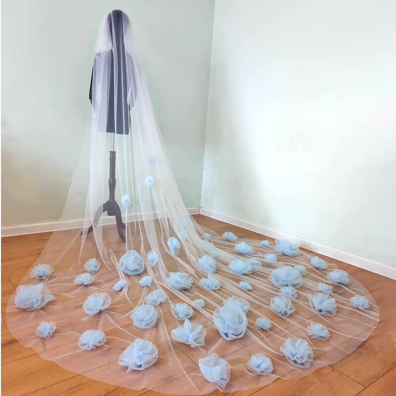 新款头纱超仙3米长款手工浅蓝色花朵头饰新娘婚纱主纱拖尾饰品