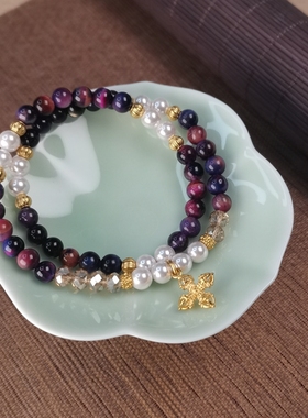 古风樱花虎眼石搭沙金贝珠双圈手串国风手链汉服唐装马面裙配饰女