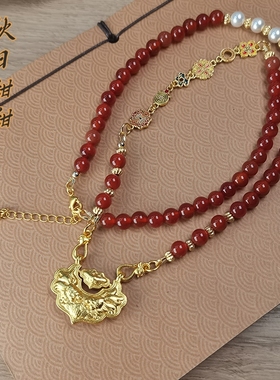 马面裙汉服配饰项链古风红色玛瑙女款新中式手工项链国风沙金吊坠