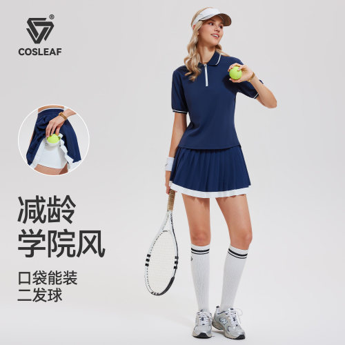 网球运动套装女翻领短袖健身短裙