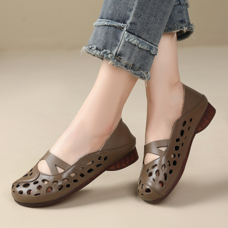 一脚蹬平底透气凉鞋女2025百搭牛筋底复古奶奶鞋4142镂空洞洞单鞋,女鞋,浅口单鞋,淘宝优惠券,粉丝福利购,淘宝优惠卷