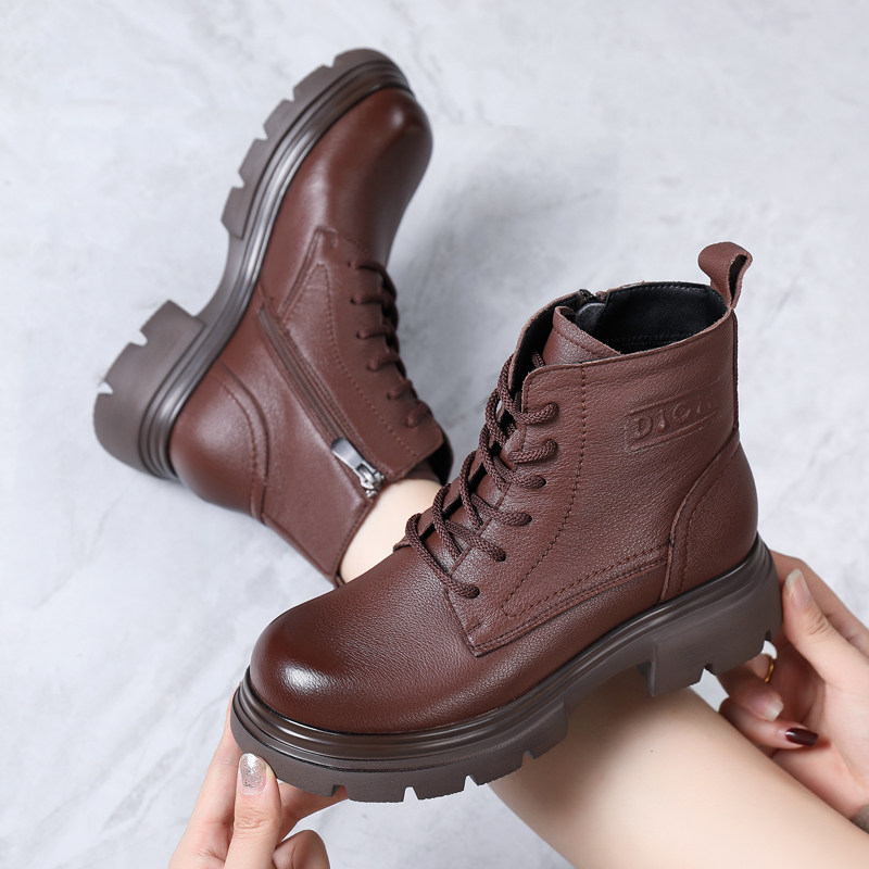真皮马丁靴女厚底粗跟妈妈鞋户外工装靴绑带英伦风短靴时尚软底