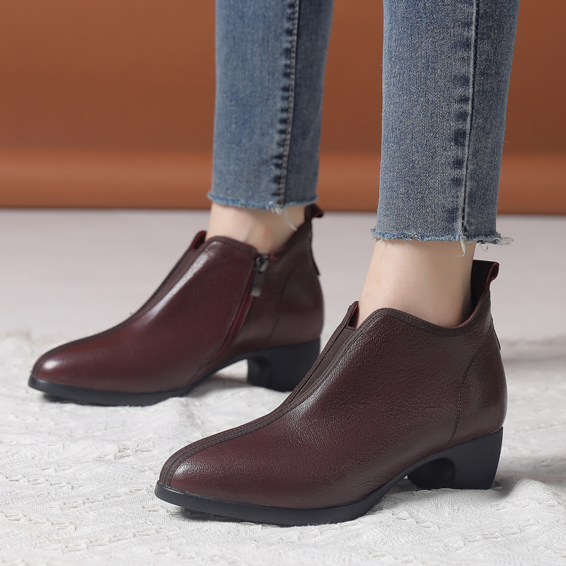 时尚真皮粗跟单靴百搭休闲踝靴