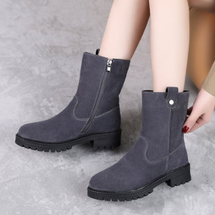 翻毛皮瘦瘦直筒靴子加绒真皮中筒棕色马丁靴平跟防滑雪地靴大码43