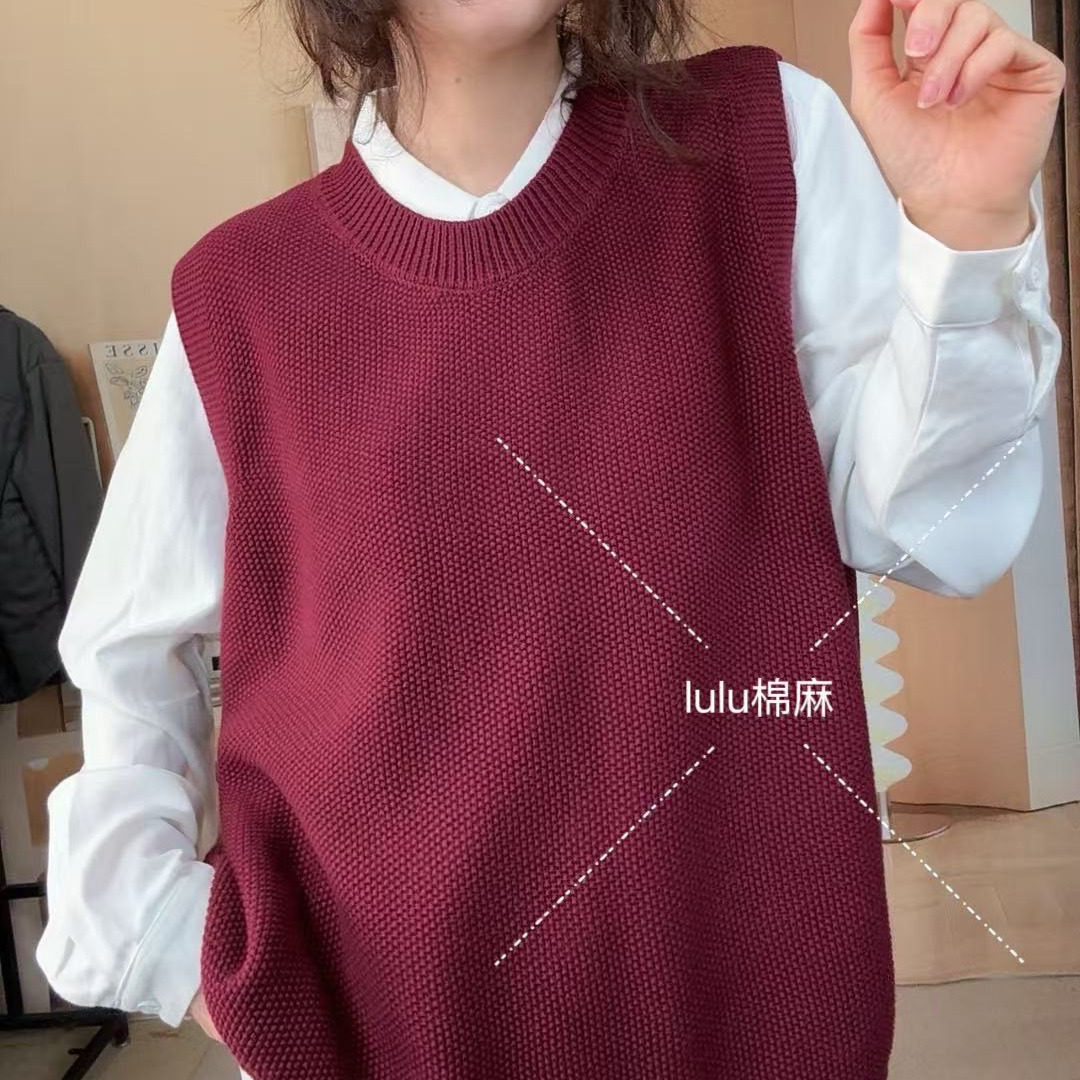 新款纯棉线圆领针织马甲纯色时尚百搭通勤女士上衣6006