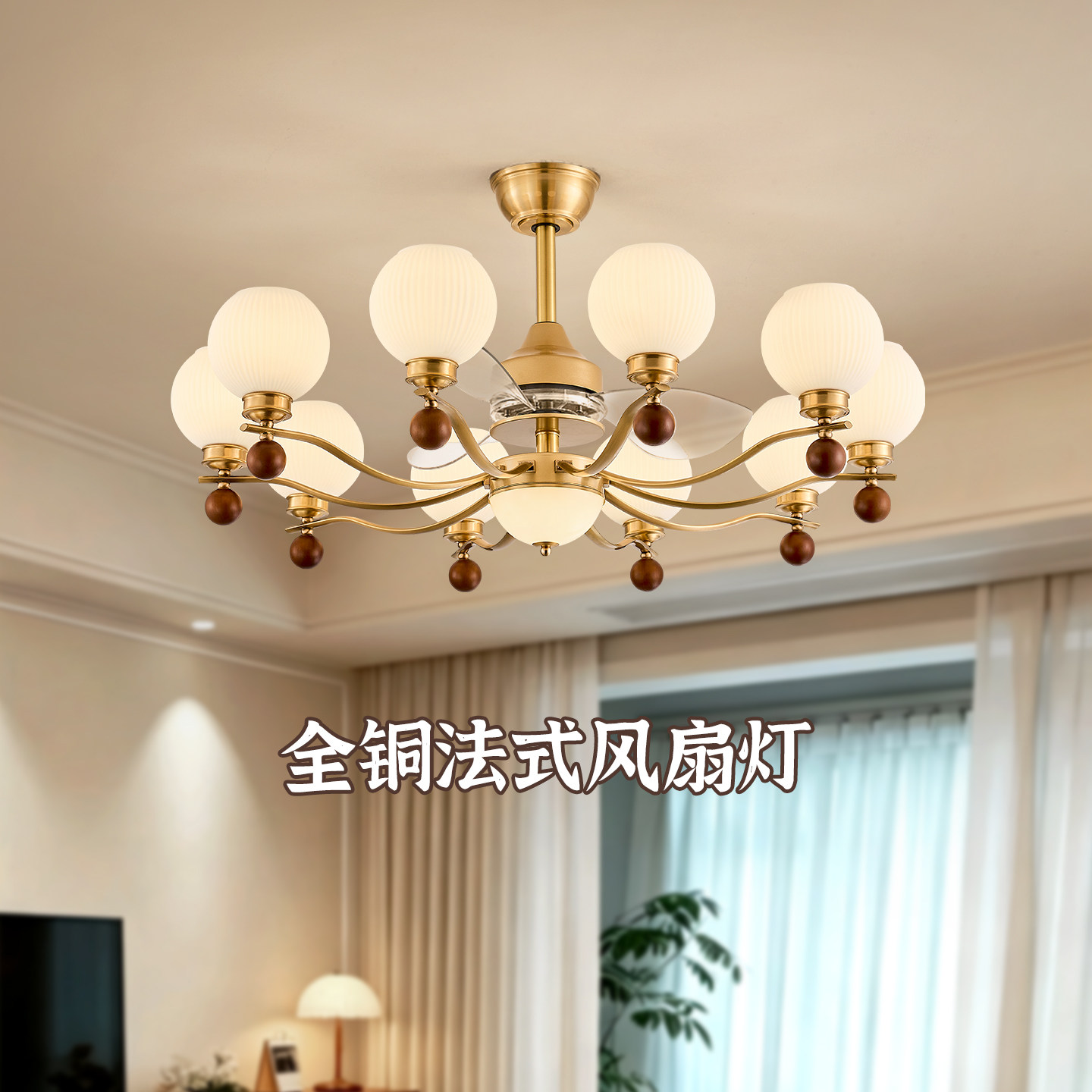 法式全铜中古风玻璃风扇吊灯图片