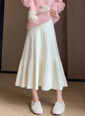 复古加厚针织半身裙女秋冬新款高腰显瘦大摆冬裙荷叶边a字长裙子