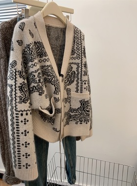 迪丽热巴江疏影同款画艺提花针织开衫复古重工高级感长款毛衣外套