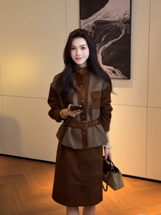【现货】26秋撞色毛呢麂皮拼接套装气质翻领收腰外套一步裙两件套