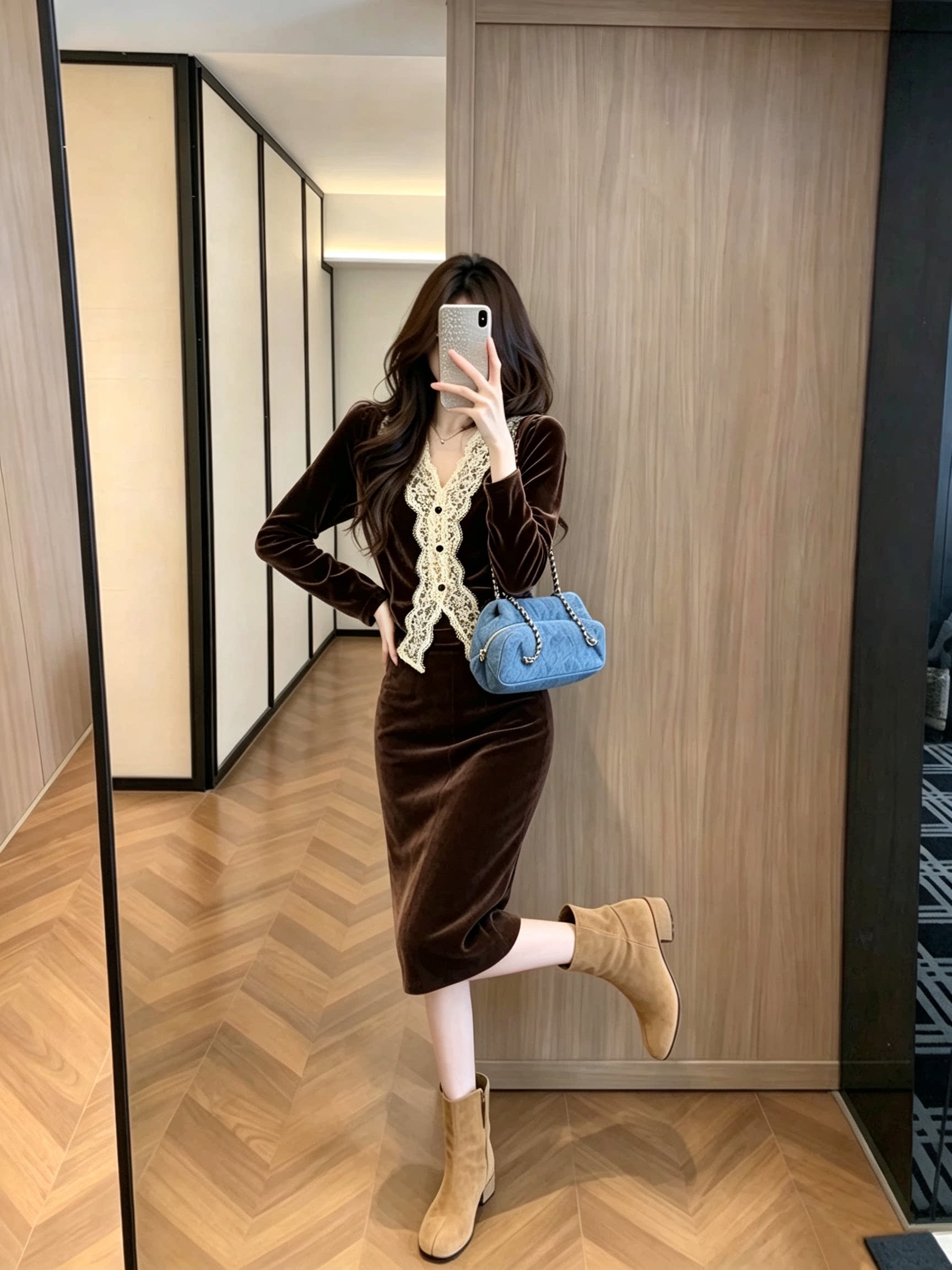 【现货】26秋季新款拼接荷叶边丝绒显瘦上衣女百搭洋气减龄打底衫