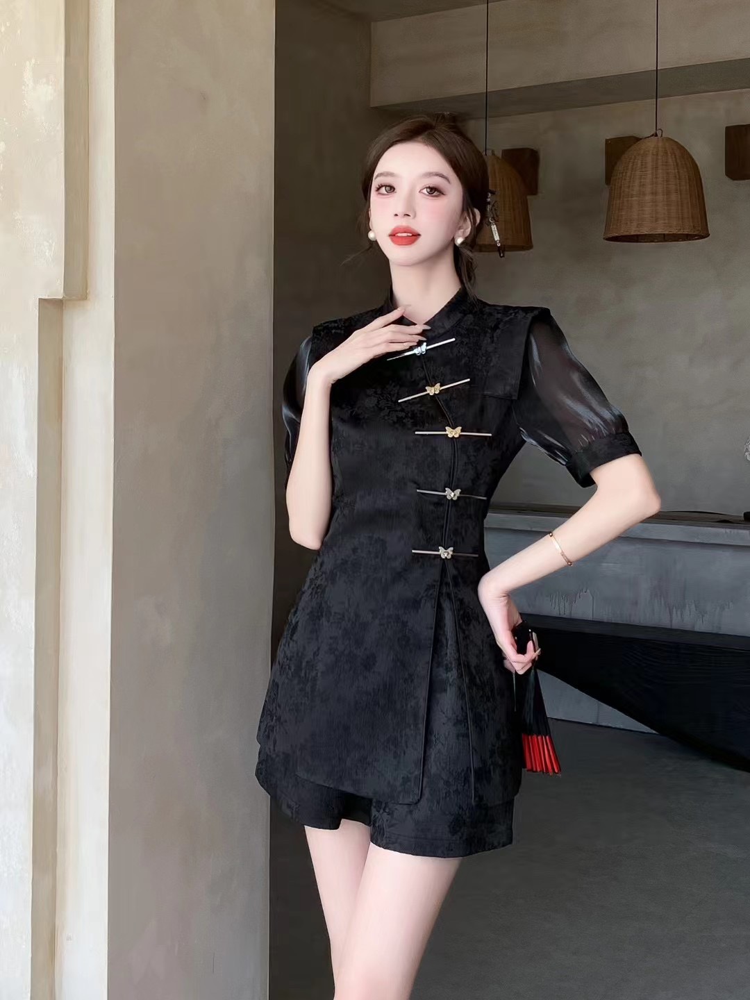 【现货】欧货25夏季新中式国风旗袍套装女收腰修身显瘦短裤两件套