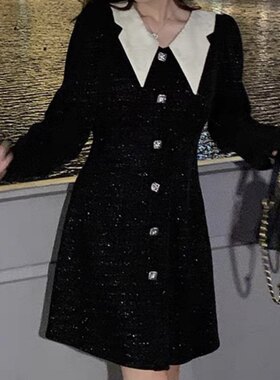 小香风黑色灯芯绒连衣裙女春生日聚会感气质名媛礼服敬酒服