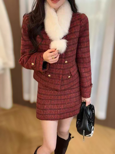 狐狸毛领红色毛呢羽绒外套短裙两件套装 新款 25冬季 女5556 现货