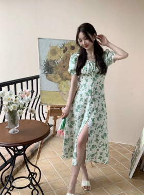 【现货】mi2夏法式碎花连衣裙印花甜美方领收腰开叉大摆裙子