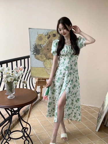 【现货】mi2夏法式碎花连衣裙印花甜美方领收腰开叉大摆裙子