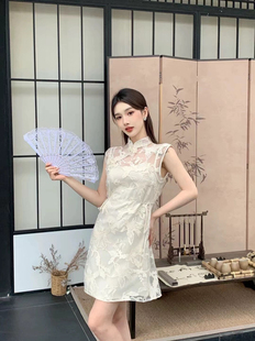 旗袍裙改良收腰显瘦欧根纱吊带连衣裙 现货 25夏mi2名媛新中式