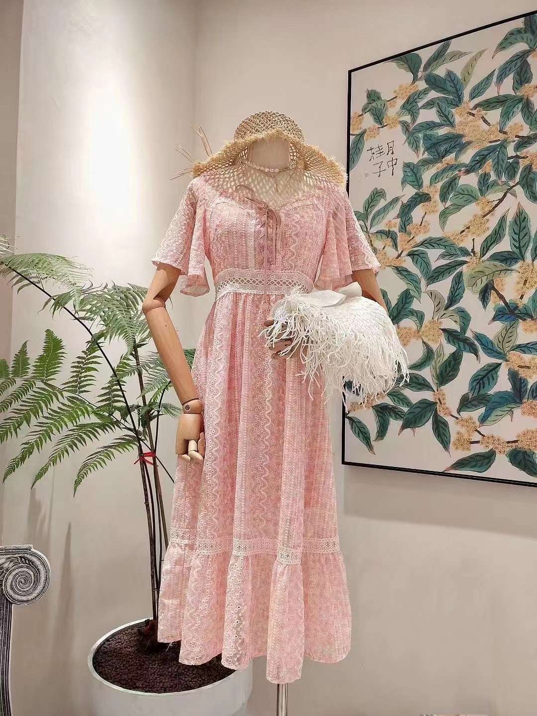 【现货】mi2法式复古收腰粉红色连衣裙夏24重工刺绣裙气质长裙女