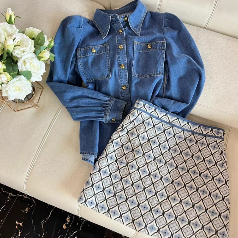 【现货】mi2naa精致风女装秋季miu系穿搭牛仔外套+半身裙套装