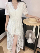 V领蕾丝钩花连衣裙短裤 两件套 新款 仙女套装 现货 欧货25夏季