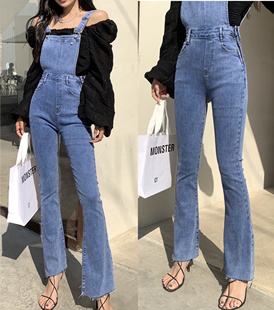 25春季 女修身 牛仔微喇叭背带裤 弹力显瘦高腰喇叭牛仔裤 现货