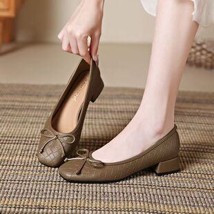 女鞋 断码 复古浅口单鞋 2025新款 子蝴蝶结方头粗跟浅口舒适通勤 特价