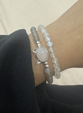 天然水晶双圈手串灰玛瑙月光手串原创简约风猫咪设计时尚百搭手链