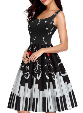 women clothesL8038 外贸欧美气质休闲女装背心拼接音符乐谱印花