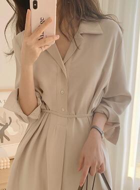 women clothes韩国chic极简主义 百搭翻领单排扣系带收腰下摆开叉