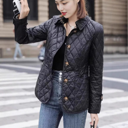 women clotheswish人气款翻领单排扣保暖纺丝棉服女士修身版菱形