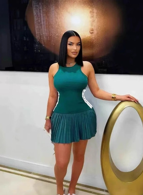 women clothesL0415    欧美夏季 修身螺纹休闲无袖款百褶裙摆迷