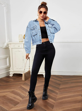 women clothesZT60421#可溯源欧美牛仔夹克ebay 外贸休闲纯色外套