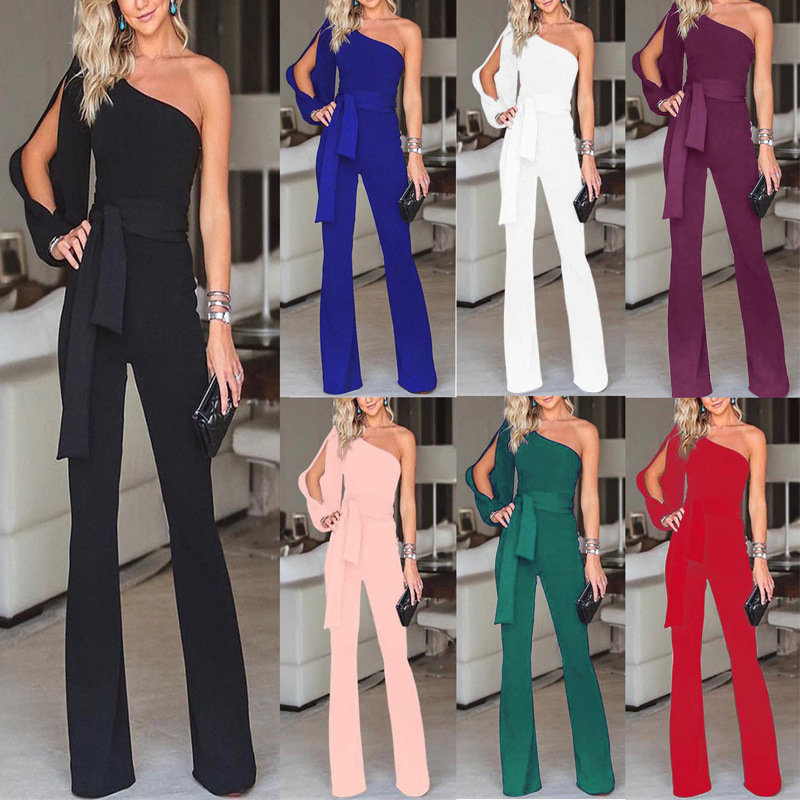 EBay express Amazon European and American womens sexy off shoulder Jumpsuit womens slim fit solid color bow tie