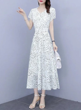 women clothes白色印花雪纺连衣裙女夏装新款修身显瘦大码遮肚碎