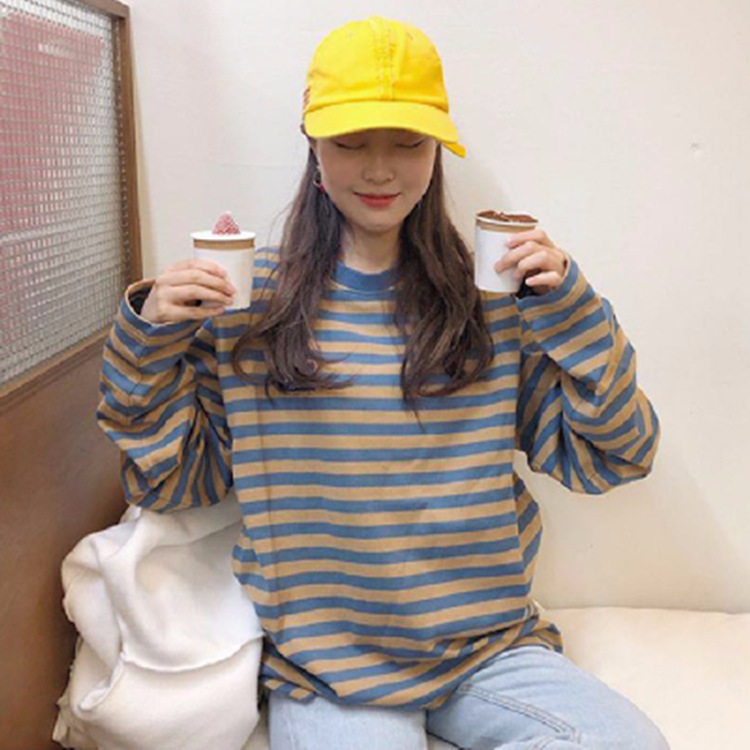 women clothes现货韩国chic秋装百搭条纹长袖T恤宽松套头原宿风学