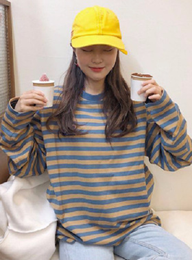 women clothes现货韩国chic秋装百搭条纹长袖T恤宽松套头原宿风学