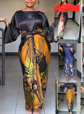 women clothesL0396  欧美时尚绑带印花气质连衣裙套装夏季半袖不