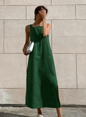 women clothes新款法式长裙棉麻无袖连衣裙女装夏季性感绿色开衩