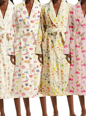 women clothesINS水果印花睡袍秋冬新品 加厚长款系带睡袍浴衣长