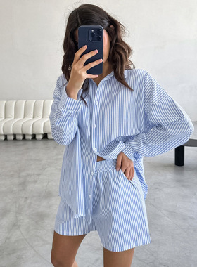 women clothes2025欧美新款蓝色条纹纯棉翻领衬衫长袖热裤套装夏