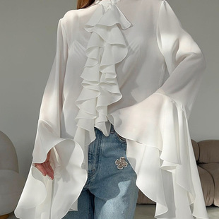 women clothes白色雪纺设计感圆领喇叭袖荷叶边女式衬衫2025欧美